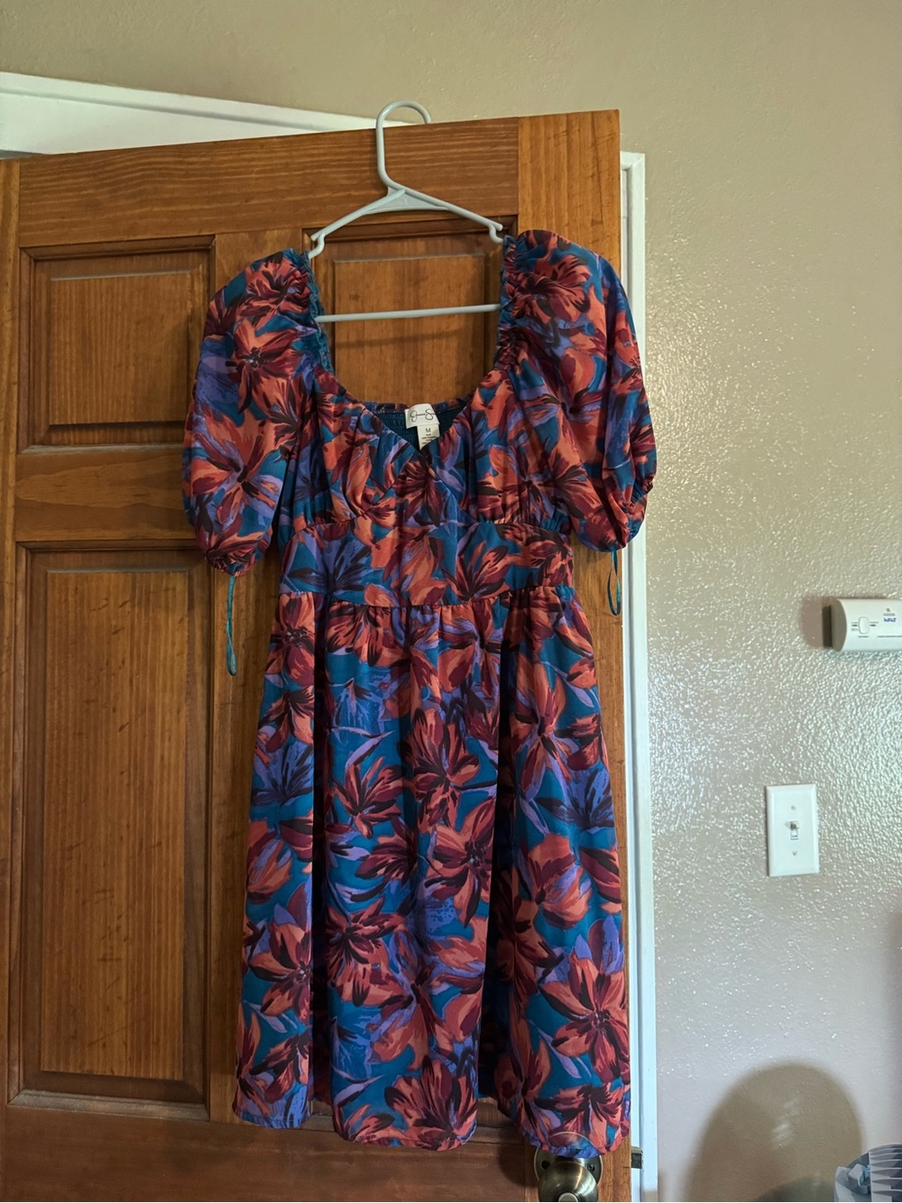 Jessica Simpson Blue and Rust Floral Puff-Sleeve Midi Dress